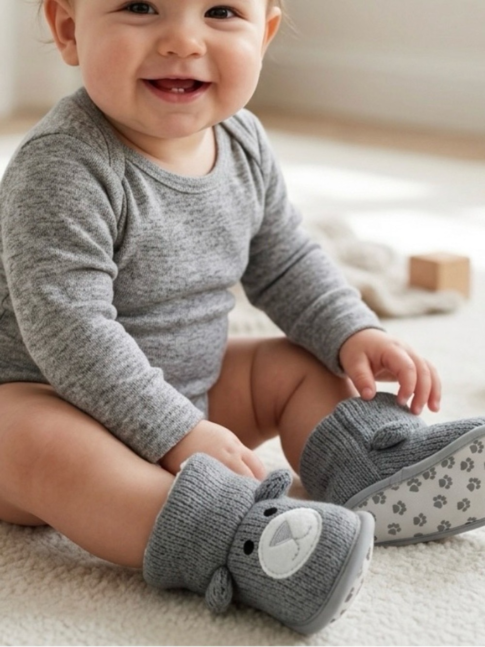 New Childs Bear Slippers Gray Sz 7